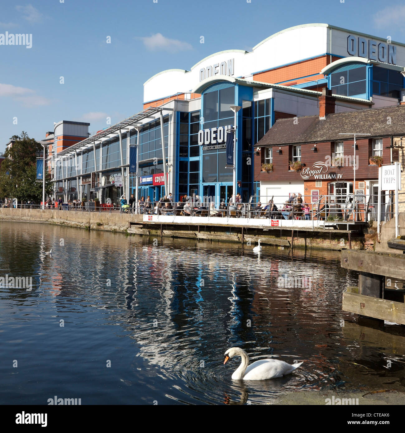 Swan, Odeon multiplex cinema, modern shops and bars on North Bank of Brayford Waterfront, Lincoln City Centre, Lincolnshire, UK Stock Photo