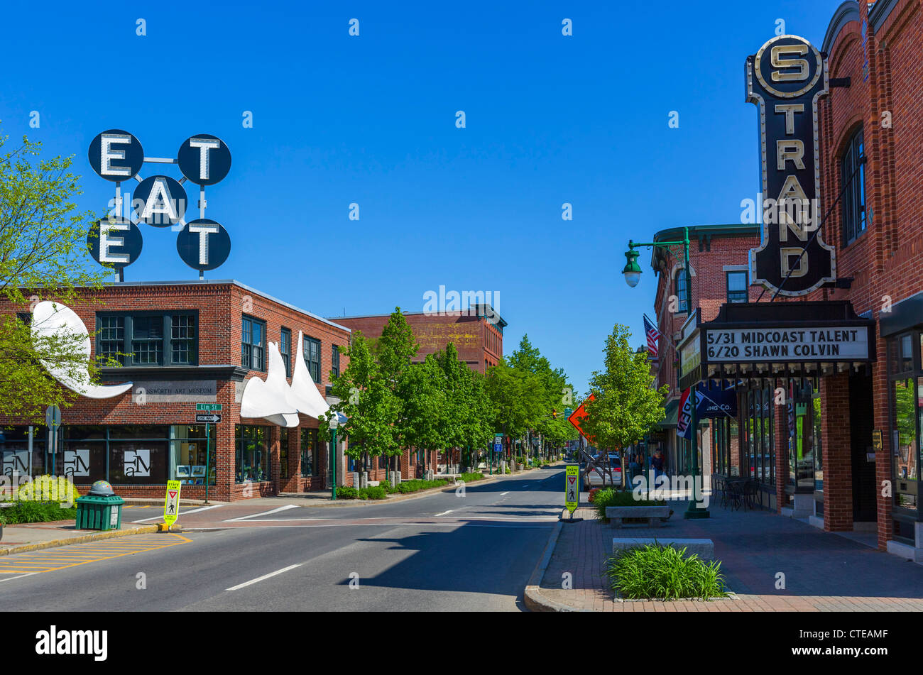 Strand Theater and shops on Main Street, Rockland, Knox County, Maine, USA Stock Photo