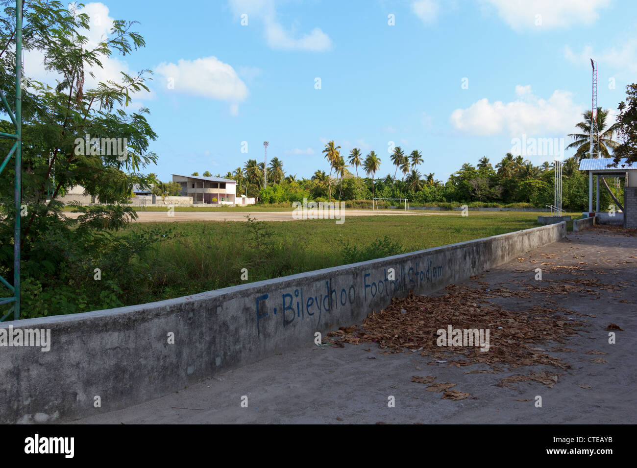 Bilehdhoo island football stadium in the Maldives on a lovely sunny day. Stock Photo