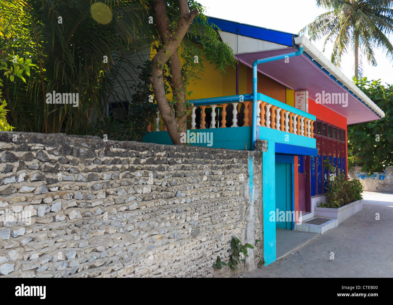 A very colorful shop at the Bilehdhoo island in the Maldives on a lovely sunny day. Stock Photo
