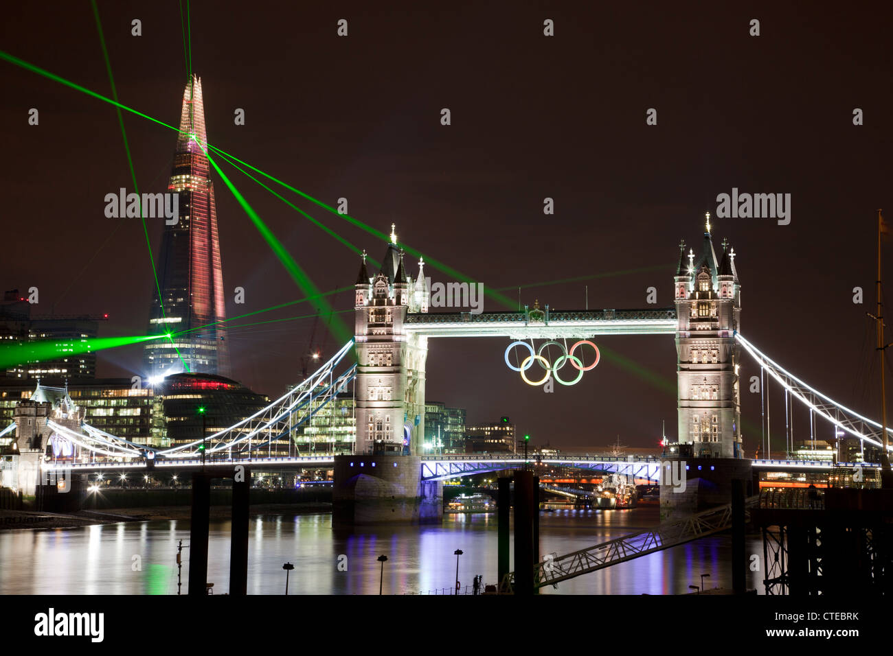 Shard London Bridge opening ceremony laser show with Tower Bridge Olympic Rings in the front Stock Photo