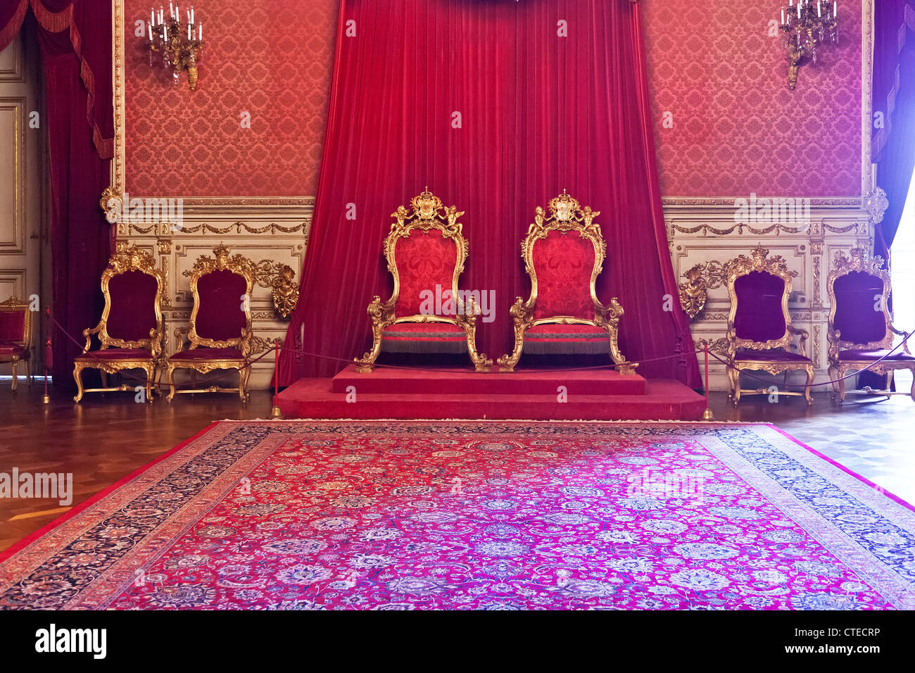Throne Room of the Ajuda National Palace, Lisbon, Portugal. 19th century neoclassical Royal palace / throne thrones Throne Thrones king queen red Stock Photo