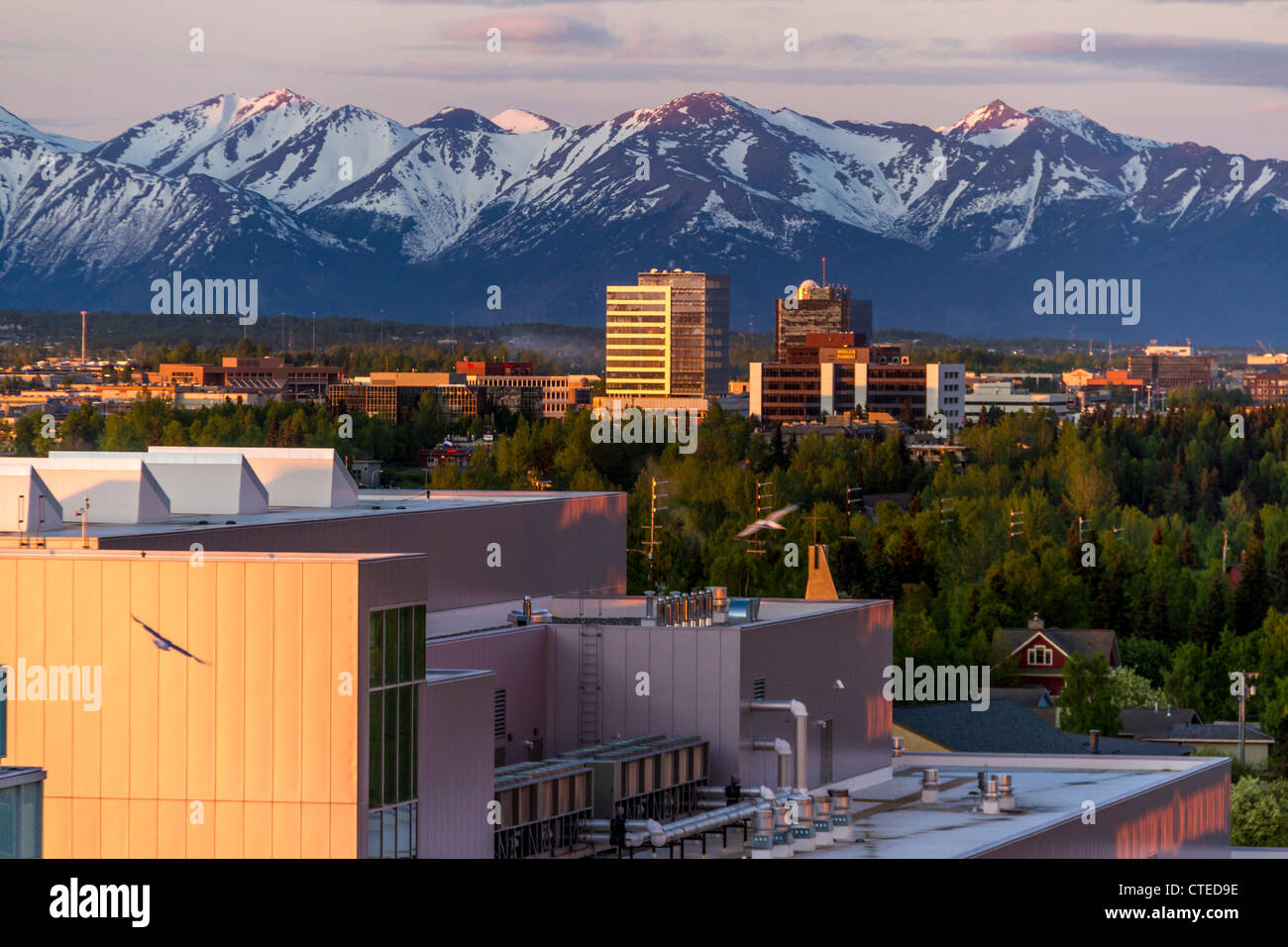 Sunrise in downtown Anchorage, Alaska, at about 4:30 am Alaska time in June. Stock Photo