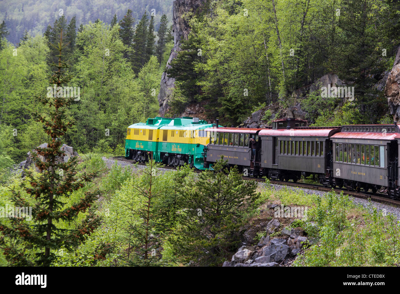 White Pass and Yukon Route (WP&YR) Railroad train ride from Skagway, Alaska to Fraser, British Columbia. Stock Photo
