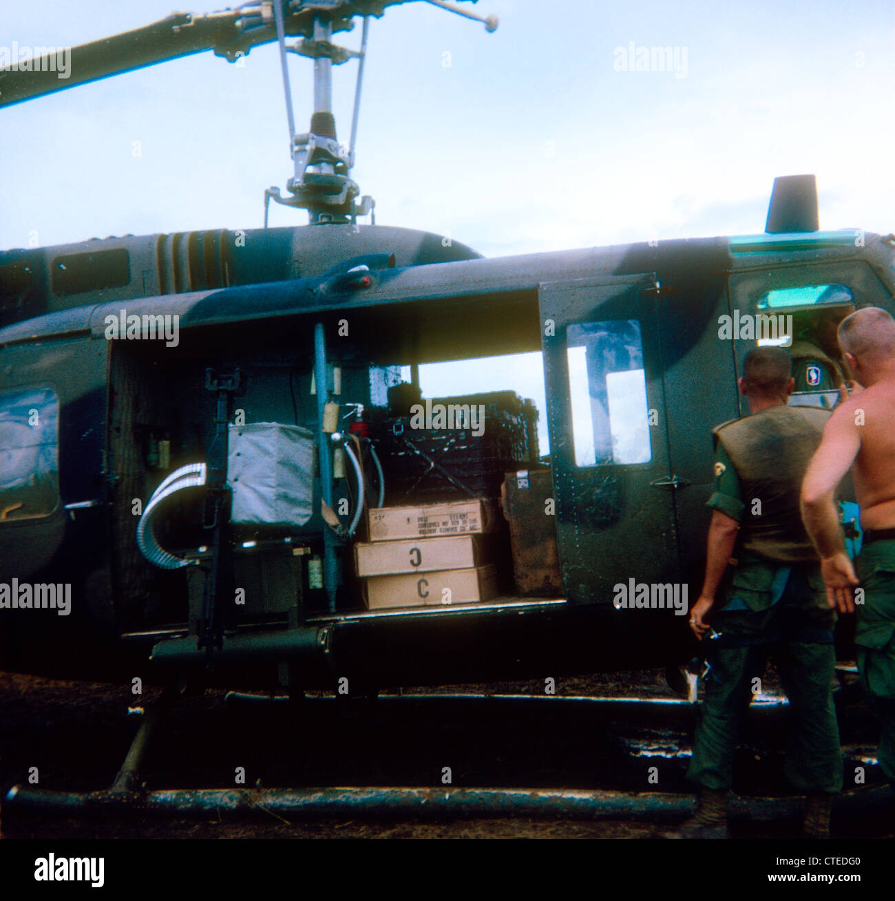 C Rations ready to by unloaded during Vietnam War huey helicopter Stock Photo
