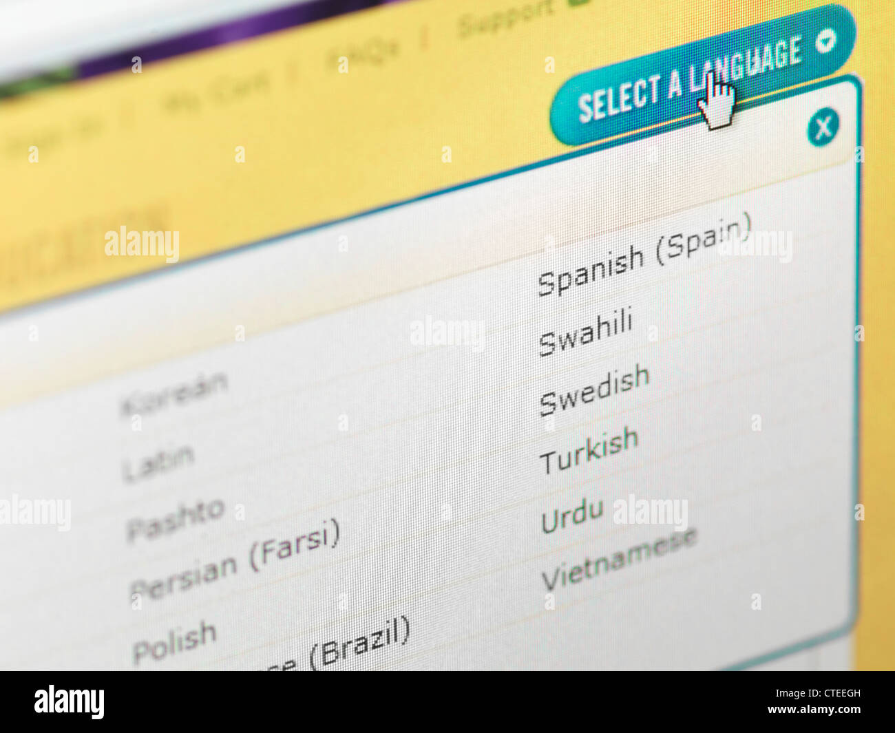 Web site localization menu. Language selection. Stock Photo