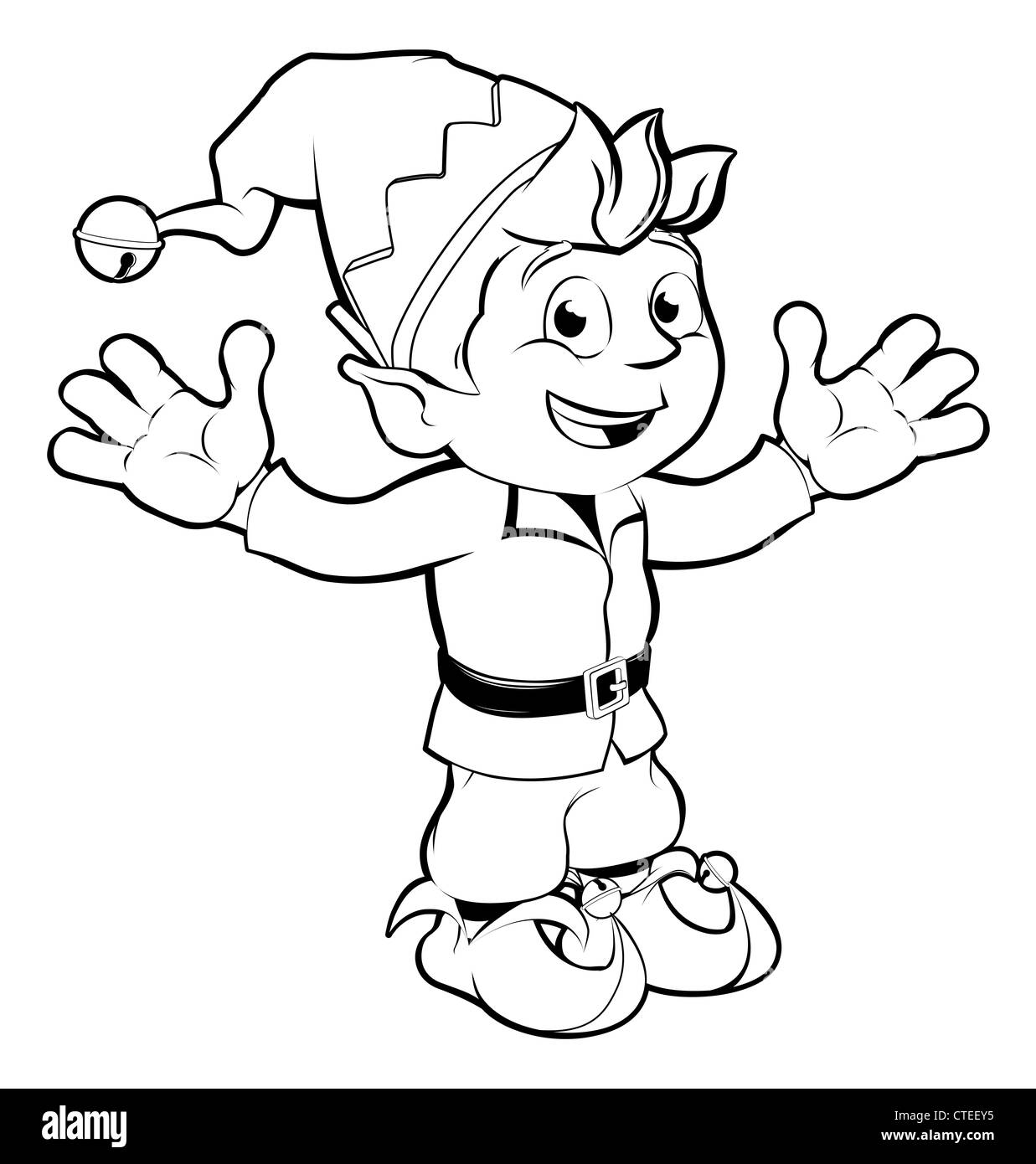Monochrome drawing of happy Christmas Elf smiling and waving Stock Photo