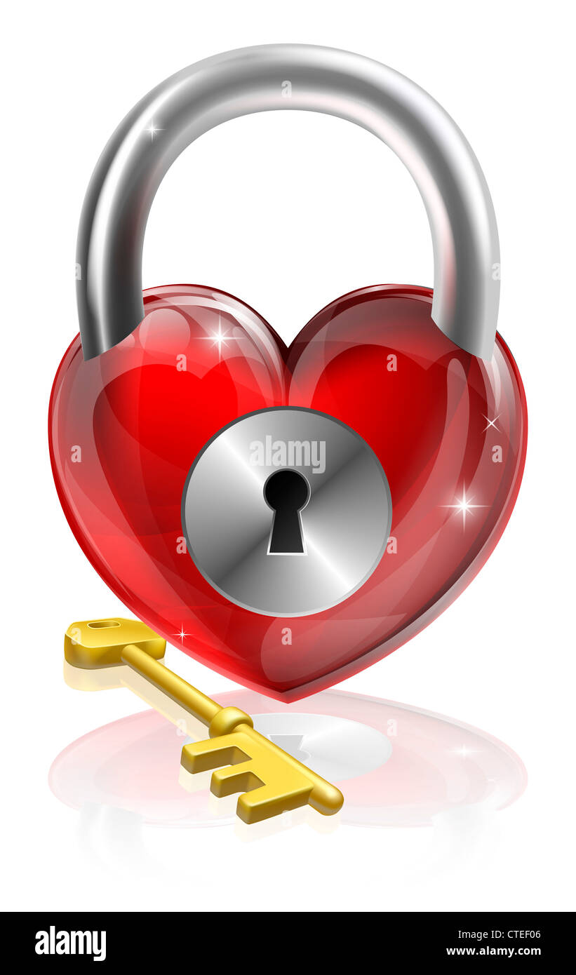 Key to your heart conceptual illustration. A heart shaped padlock with a brass key. Stock Photo