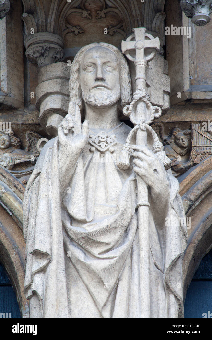 Brussels - Jesus Christ statue from Notre Dame du Sablon gothic church - west portal. Stock Photo