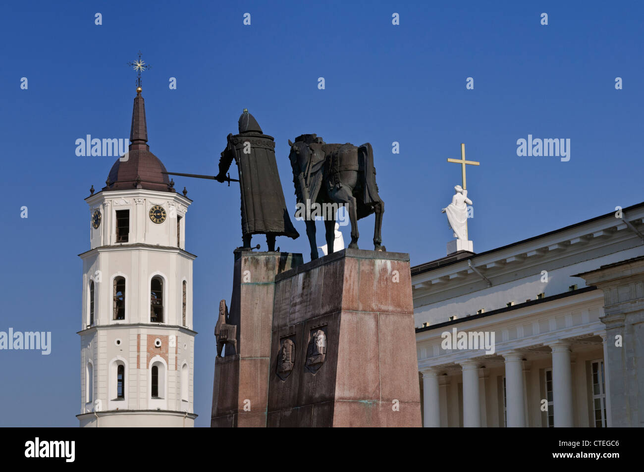 Grand Duke Gediminas Statue and Cathedral Belfry Cathedral Square Vilnius Lithuania Stock Photo