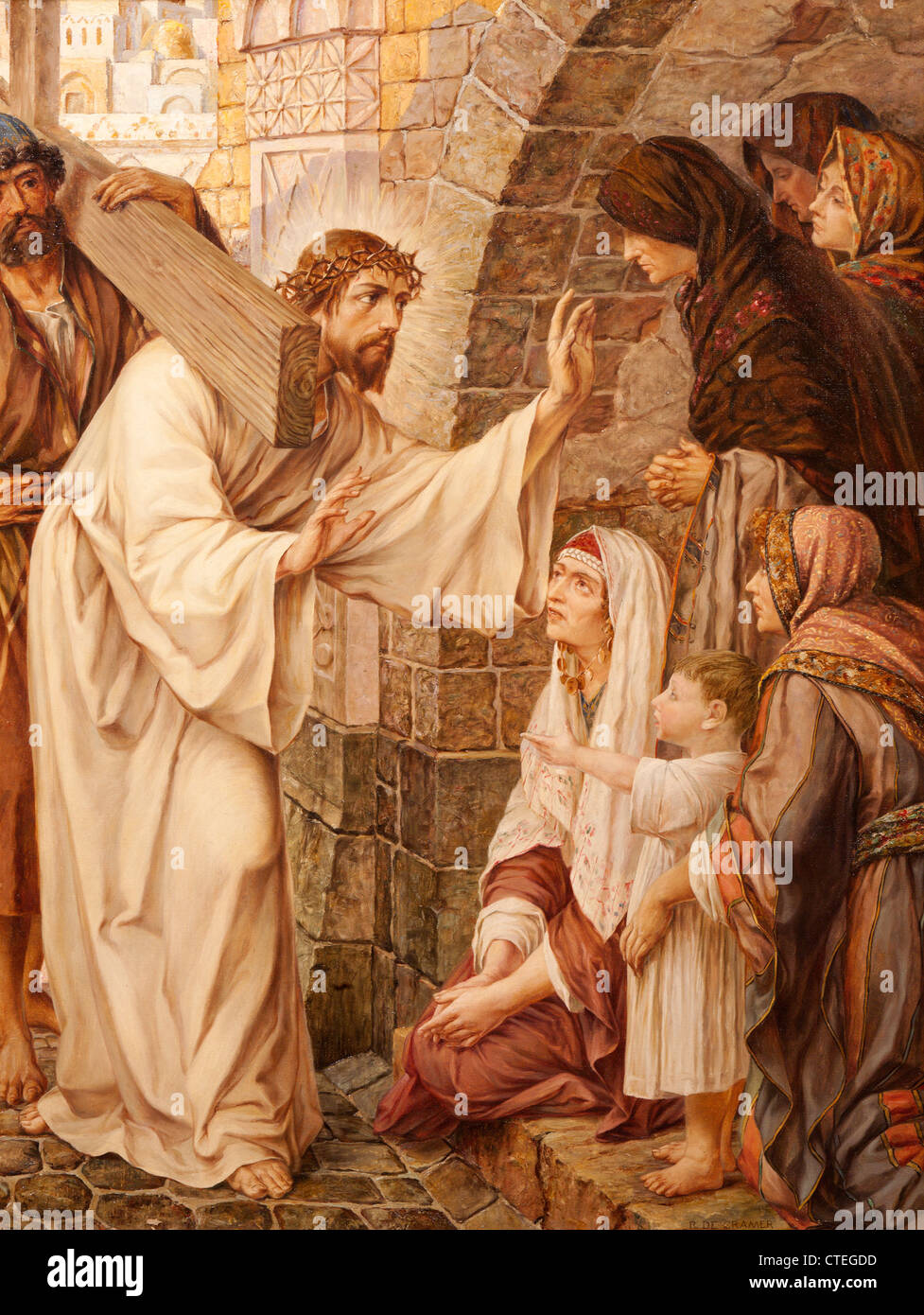 GENT - JUNE 23: Jesus meets the women of Jerusalem. Paint in st. Peter