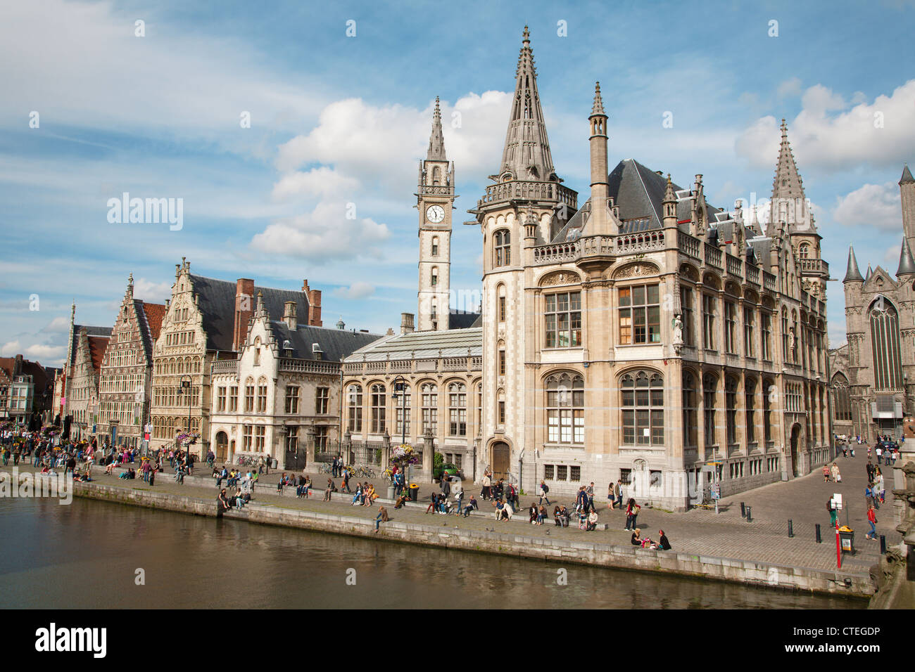 Gent - West facade of Post palace with the canal and Korenlei street on June 24, 2012 in Gent, Belgium. Stock Photo