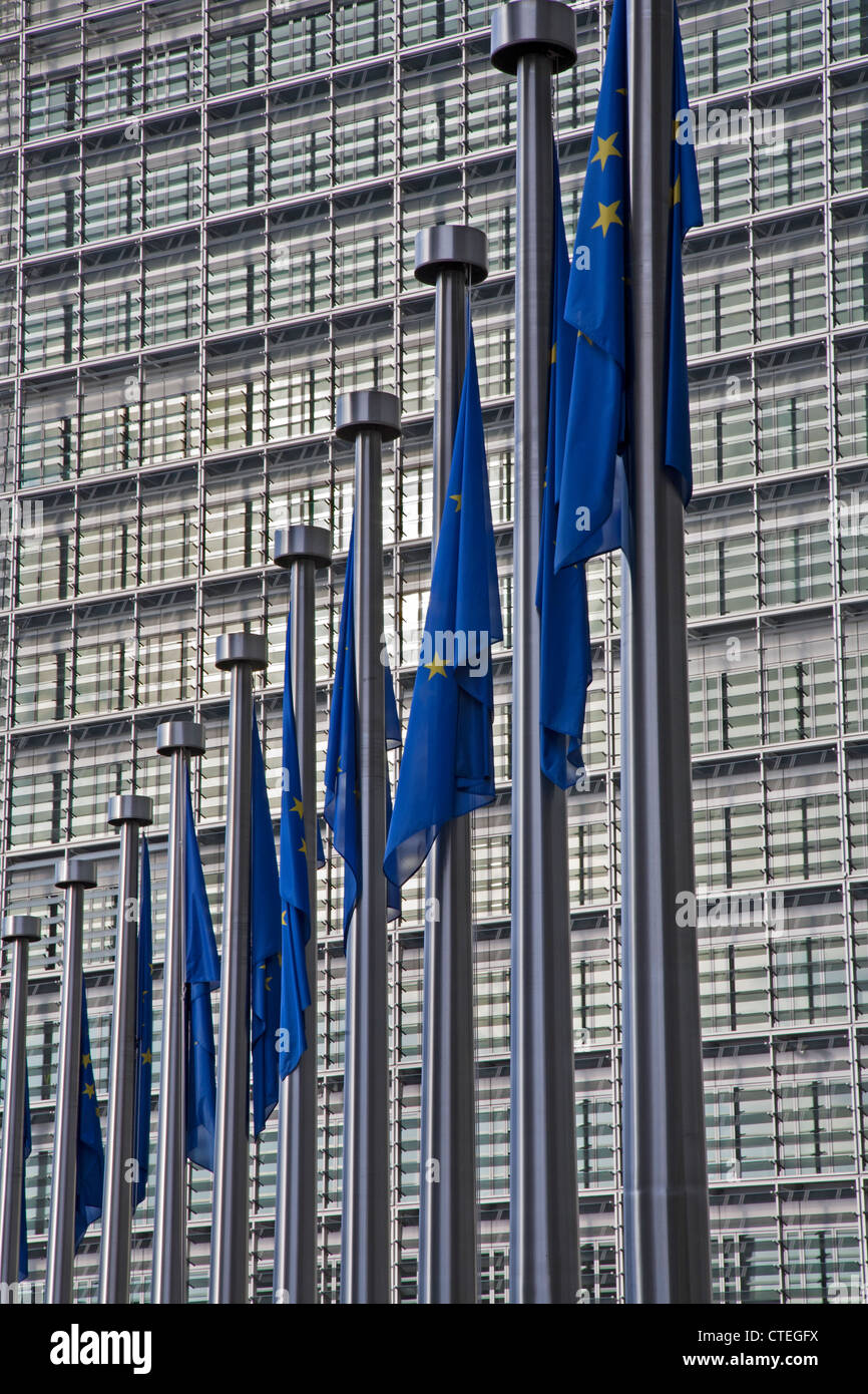 BRUSSELS - JUNE 24: European commission building and EU flags from Schumann square on June 24, 2012 in Brussels. Stock Photo