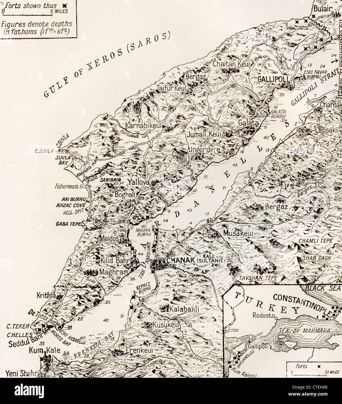 Map of The Dardanelles and Gallipoli, Turkey, 1916. From The Year 1916 Illustrated. Stock Photo