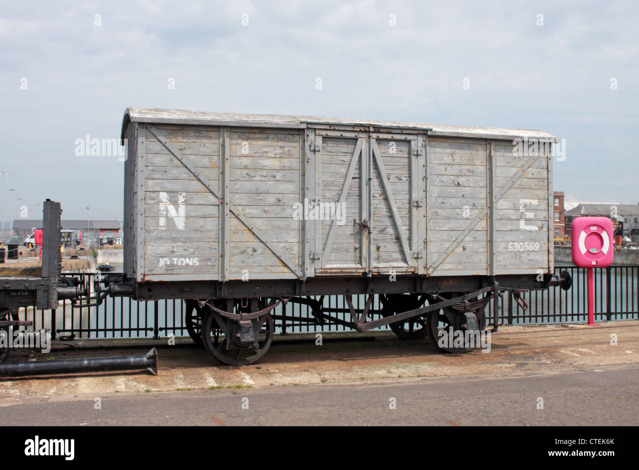 Old unused railway wagon parked in Portsmouth Historic Dockyard Hampshire UK Stock Photo