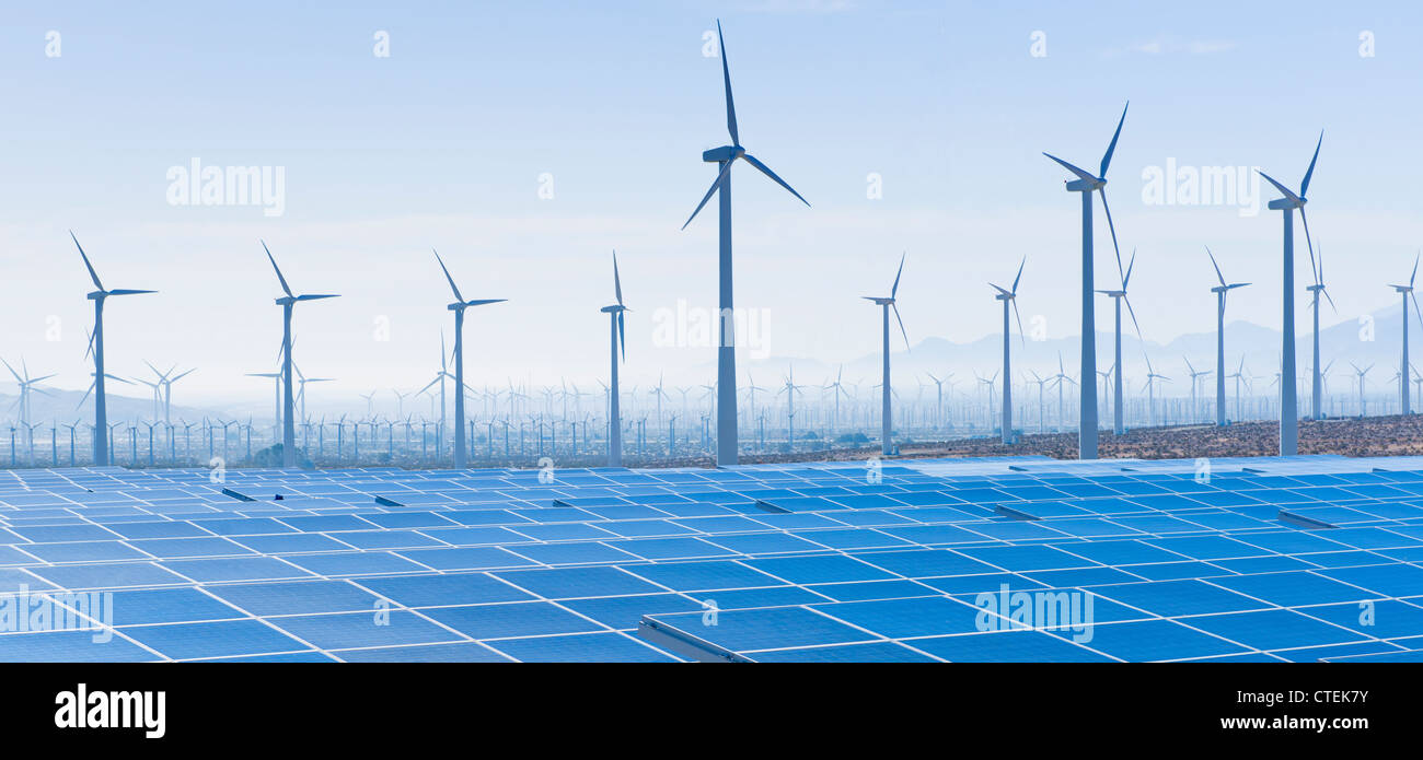 USA, California, Palm Springs, Wind farm and solar panels Stock Photo