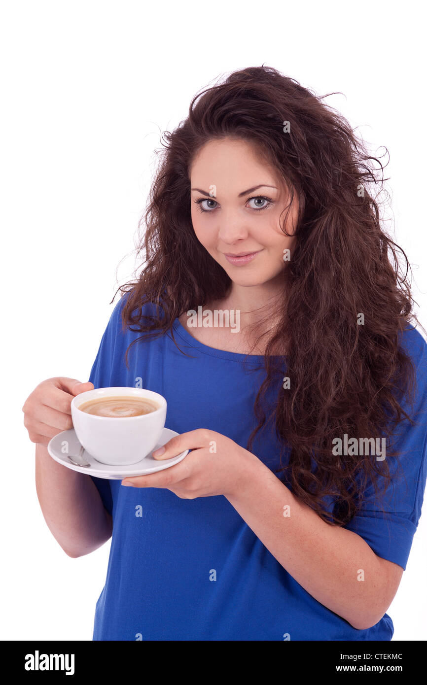 beautiful young woman with cup of coffee isolated on white Stock Photo ...
