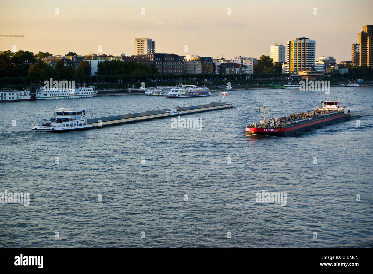 Freighter cargo vessels 'Da Vinci' and 'Deo Gratias' (Lemmer) on the river Rhine, Cologne Koln, Nordrhein-Westfalen, Germany Stock Photo