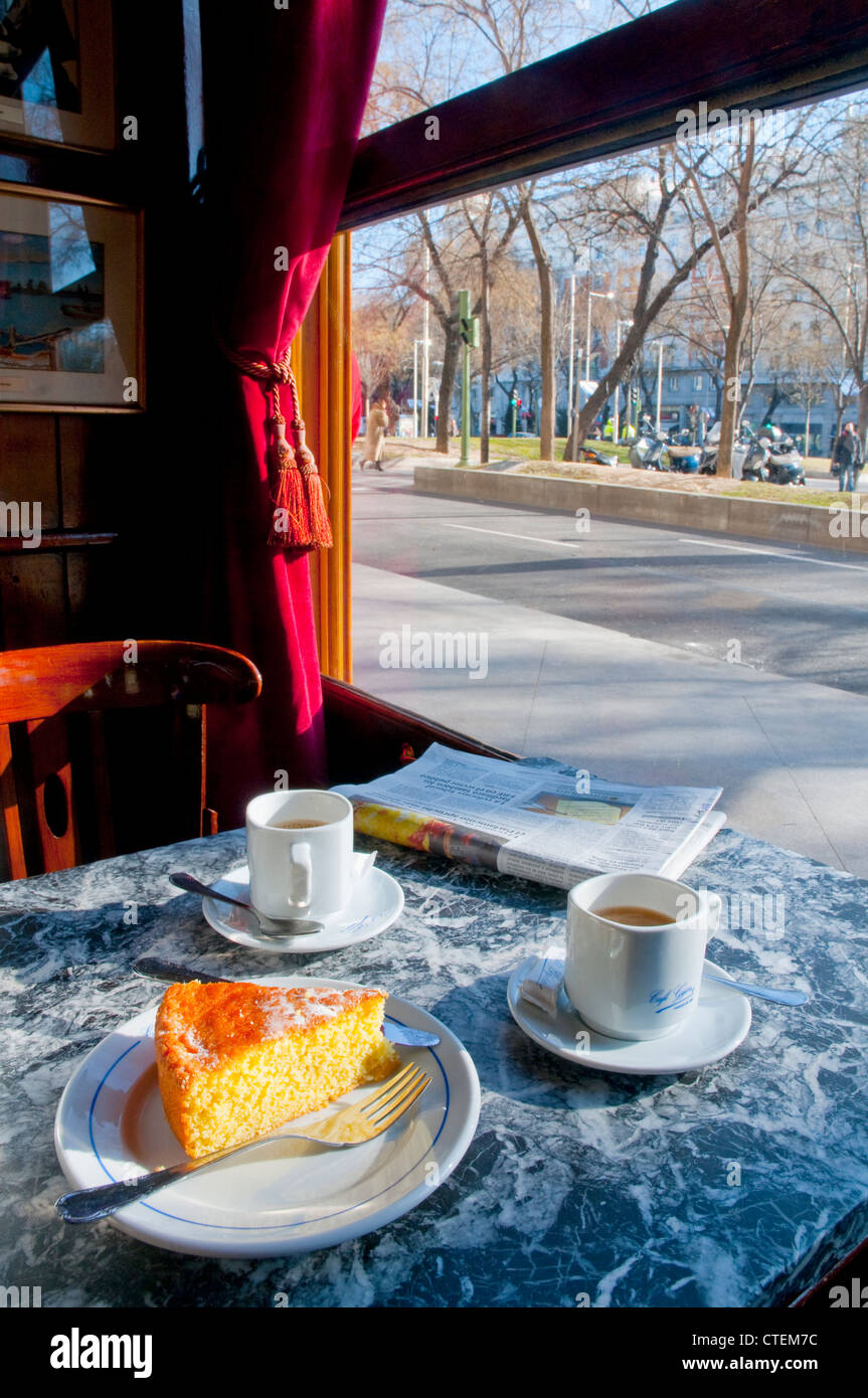 Coffee and cake for two. Madrid, Spain. Stock Photo