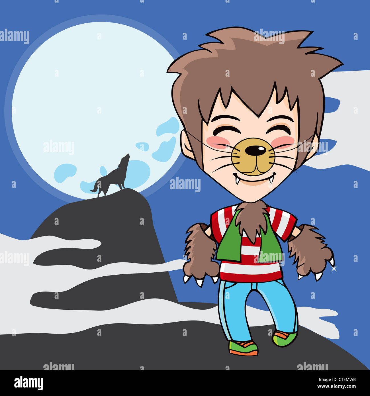 Young teen boy with werewolf costume and wolf howling to the moon on background Stock Photo