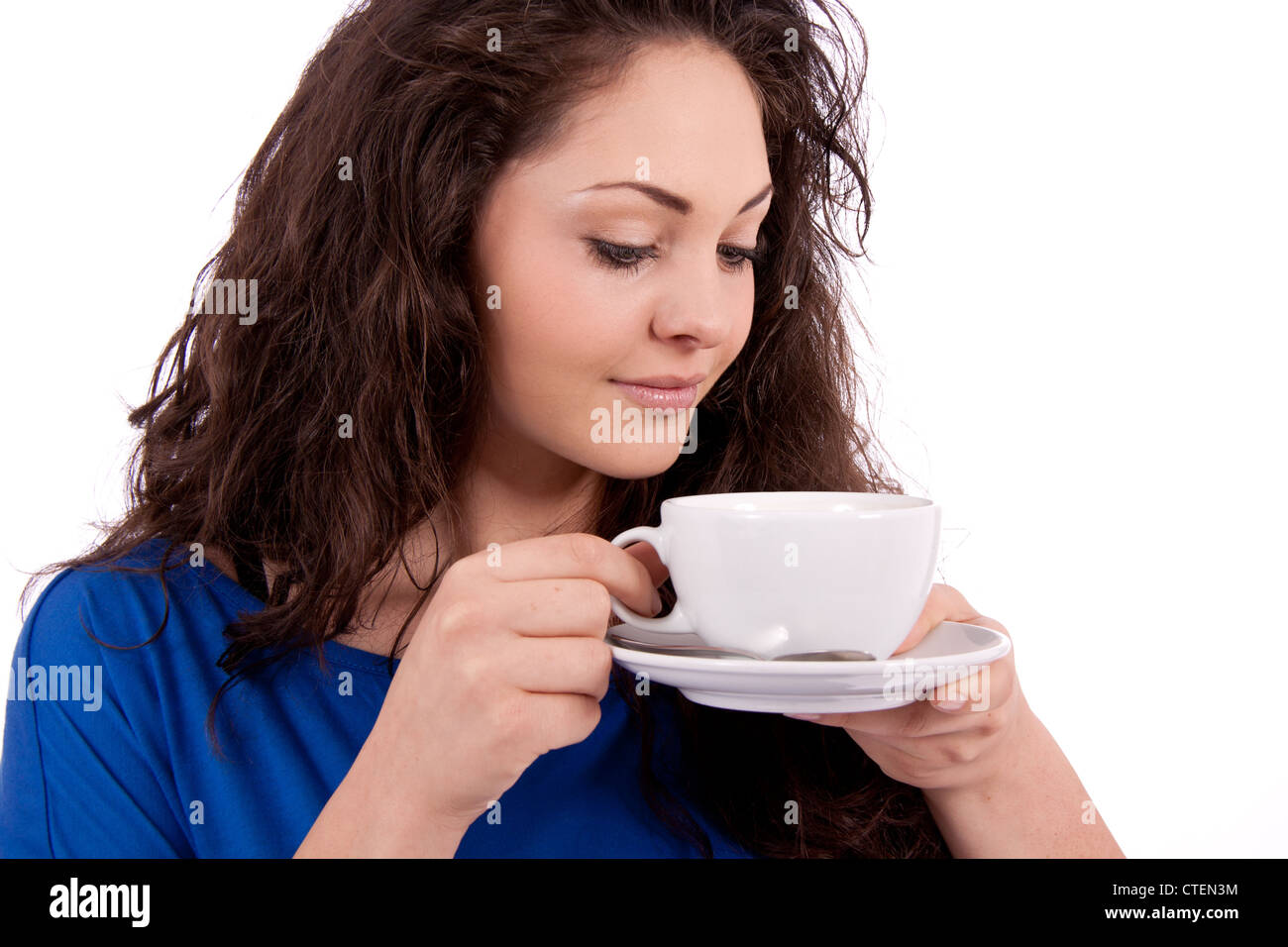 beautiful young woman with cup of coffee isolated on white Stock Photo ...