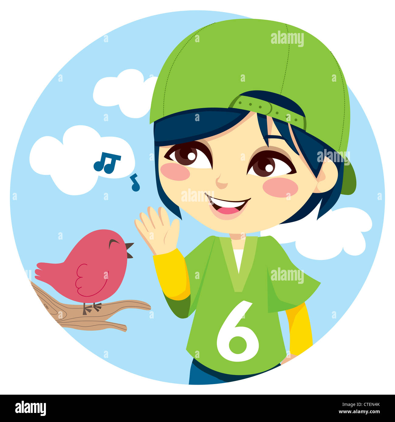 Young boy with green baseball cap listening a cute little bird singing  Stock Photo - Alamy