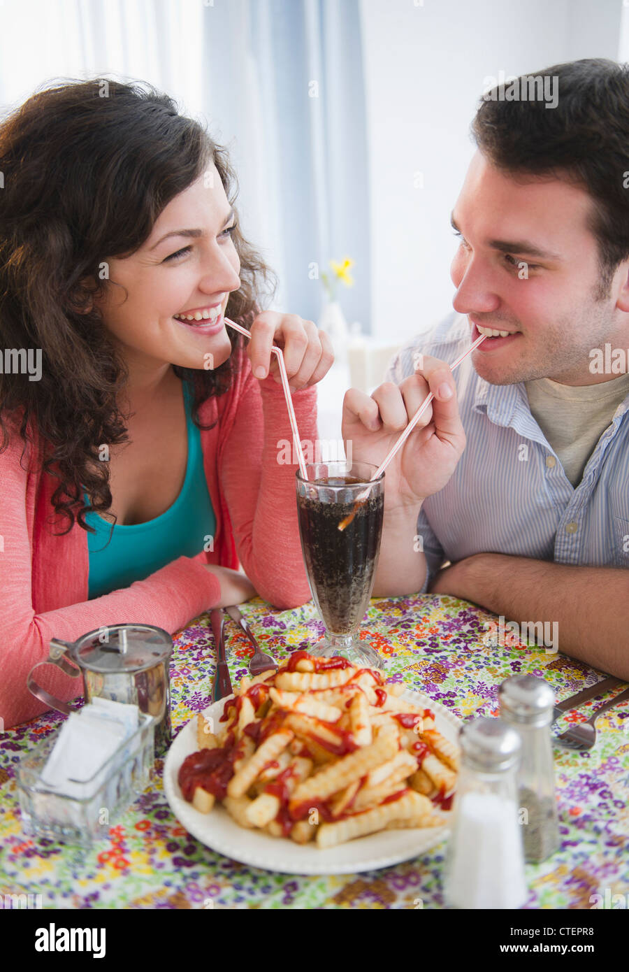USA, New Jersey, Jersey City, Couple enjoying dinner Stock Photo
