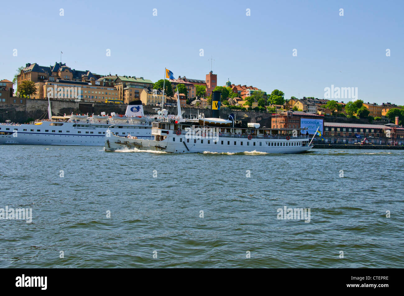 Views of Sodermalm from the Inner Harbour,Yacht Basin,Cruisers,Luxury Boats, Ferries,Entrance to the Baltic Sea,Stockholm,Sweden Stock Photo