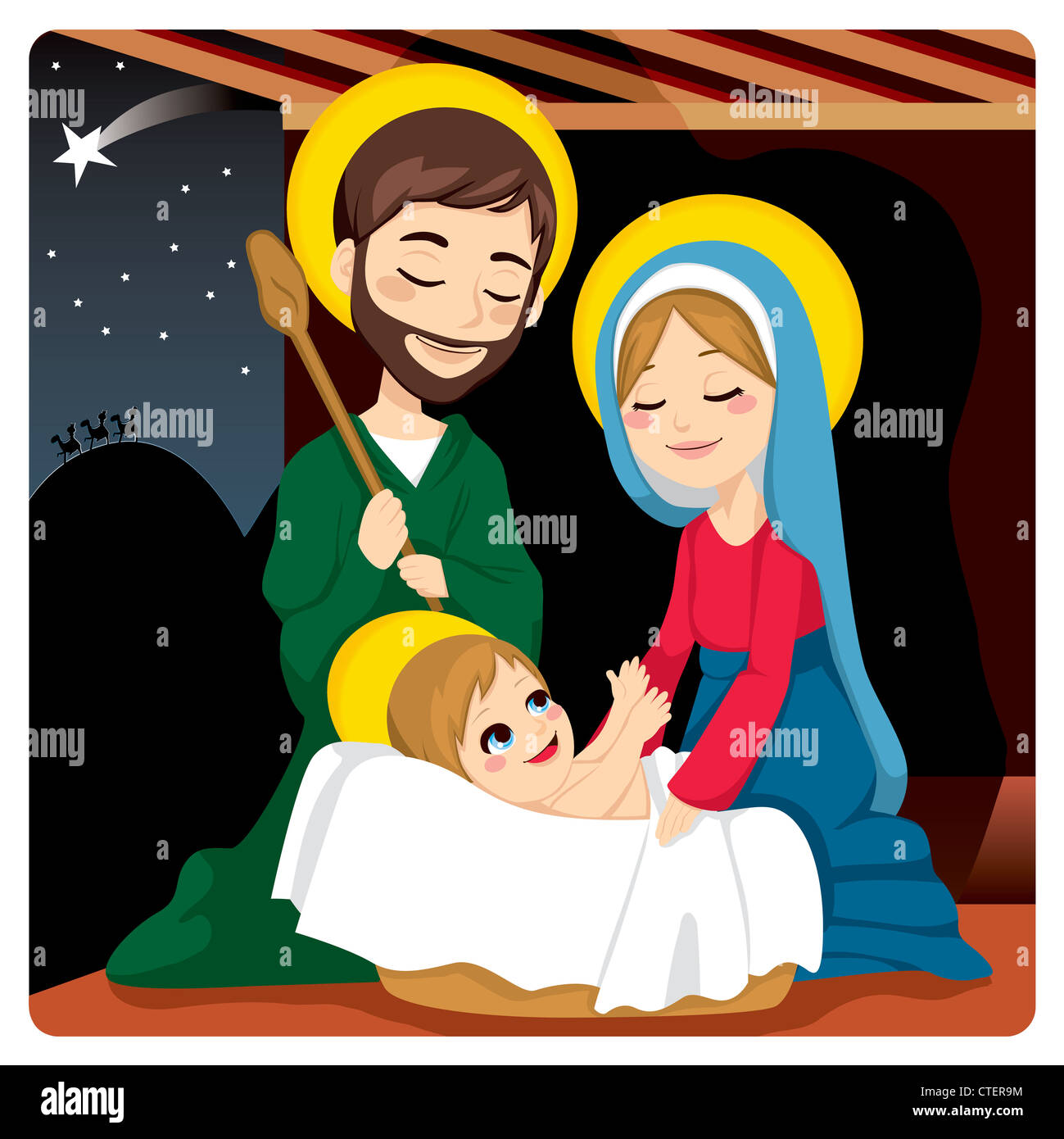 Joseph and Mary joyful with baby Jesus laughing and three wise kings on the horizon following the Star of Bethlehem Stock Photo