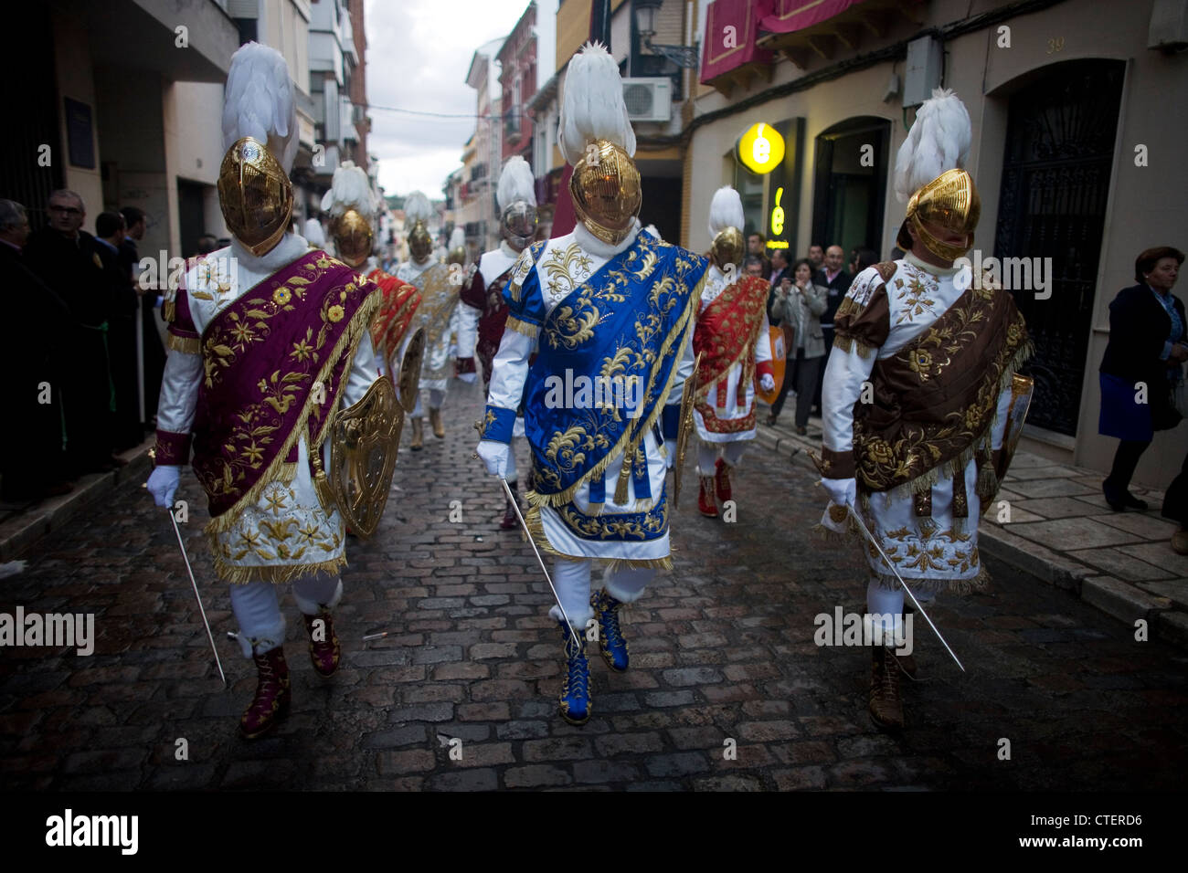 Men dressed as Roman legionaries parade during Easter Holy Week in Puente Genil, Cordoba, Andalusia, Spain Stock Photo