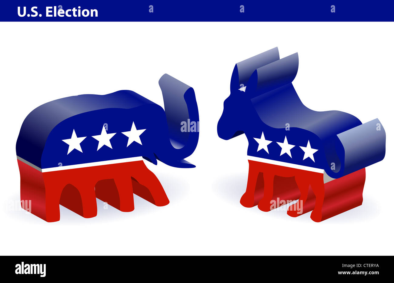 democrat donkey and republican elephant in 3D on white Stock Photo
