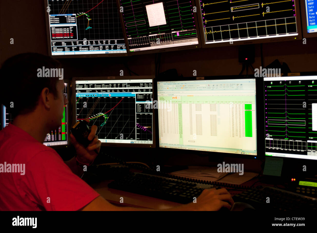 computer screens at the Instrument room of the seismic vessel Ocean Europe. Working in OBC project in Campos basin for Petrobras Stock Photo