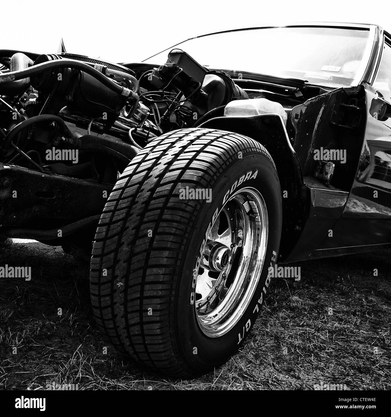 Detail of a self-made car based on Chevrolet Caprice and El Camino (Black and White) Stock Photo