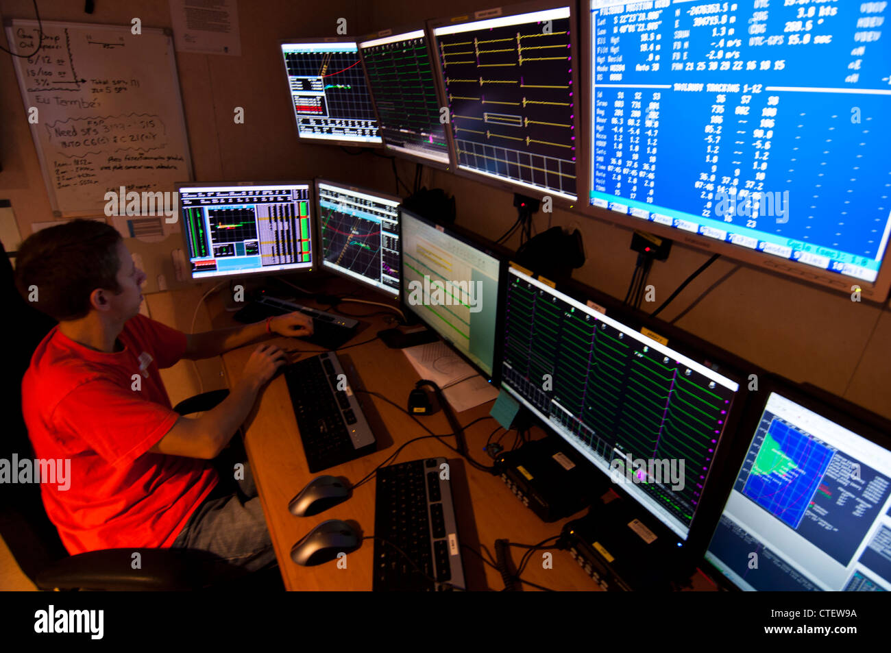 computer screens at the Instrument room of the seismic vessel Ocean Europe. Working in OBC project in Campos basin for Petrobras Stock Photo