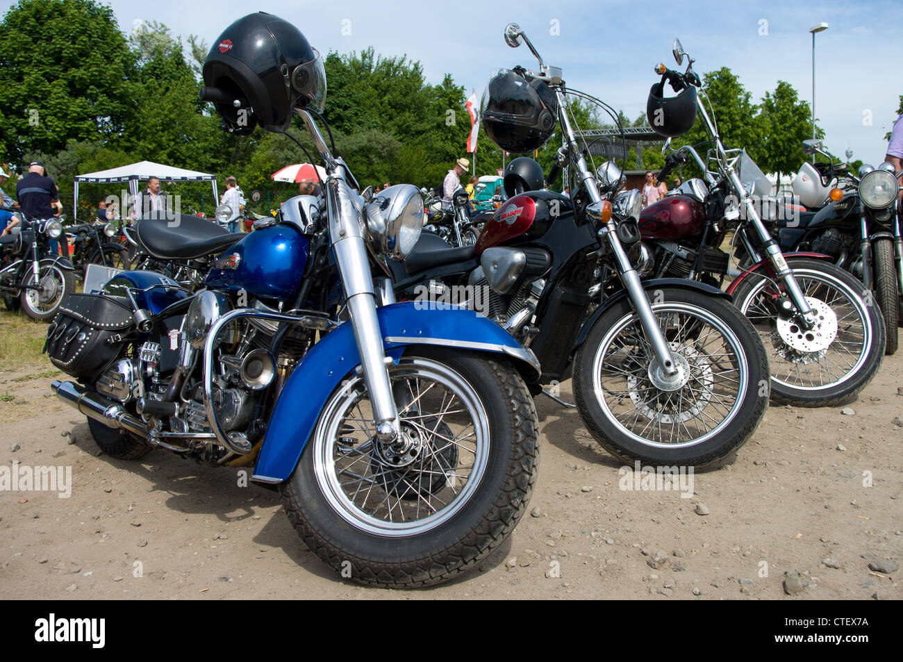 Various motorcycles Harley-Davidson and Honda Shadow in the background Stock Photo