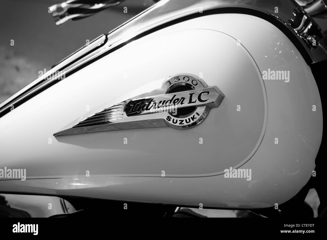 Motorcycle Suzuki Intruder C1500, fragment, (Black and White) Stock Photo