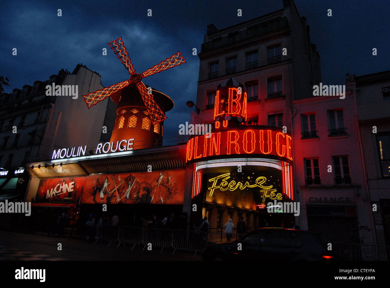 The Moulin Rouge  on the Boulevard de Clichy in Paris the  birthplace of the Can- Can. Stock Photo