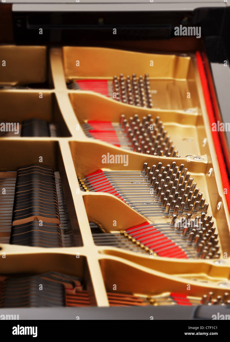 Detailed interior of grand piano showing the strings, pegs, sound board with focus on one section Stock Photo