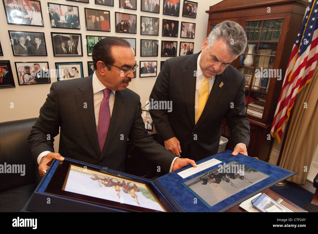 H.E. Lt. General Shaikh Rashed Bin Abdulla Al Khalifa, Bahrain Minister of Interior meets with Rep. Peter King (R-NY) during an Stock Photo