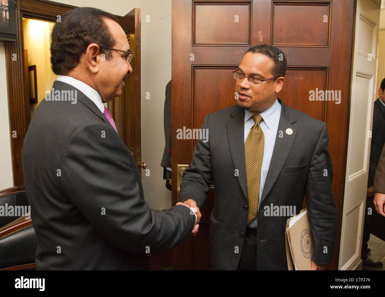 H.E. Lt. General Shaikh Rashed Bin Abdulla Al Khalifa, Minister of Interior meets with Rep. Keith Ellison (D-MN) during an offic Stock Photo