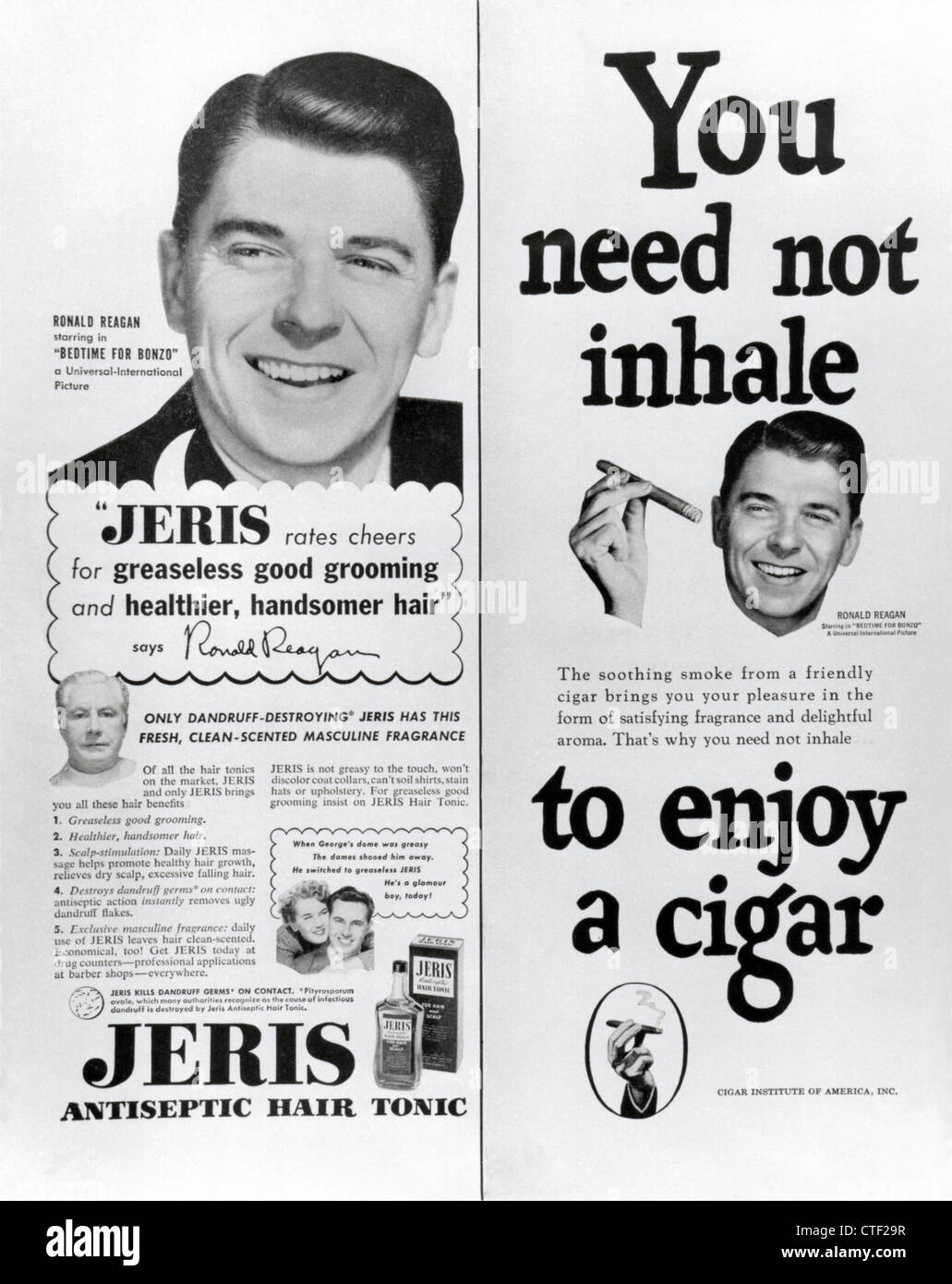 2 magazine ads showing Ronald Reagan endorsing hair tonic and cigar smoking, 1951. Stock Photo