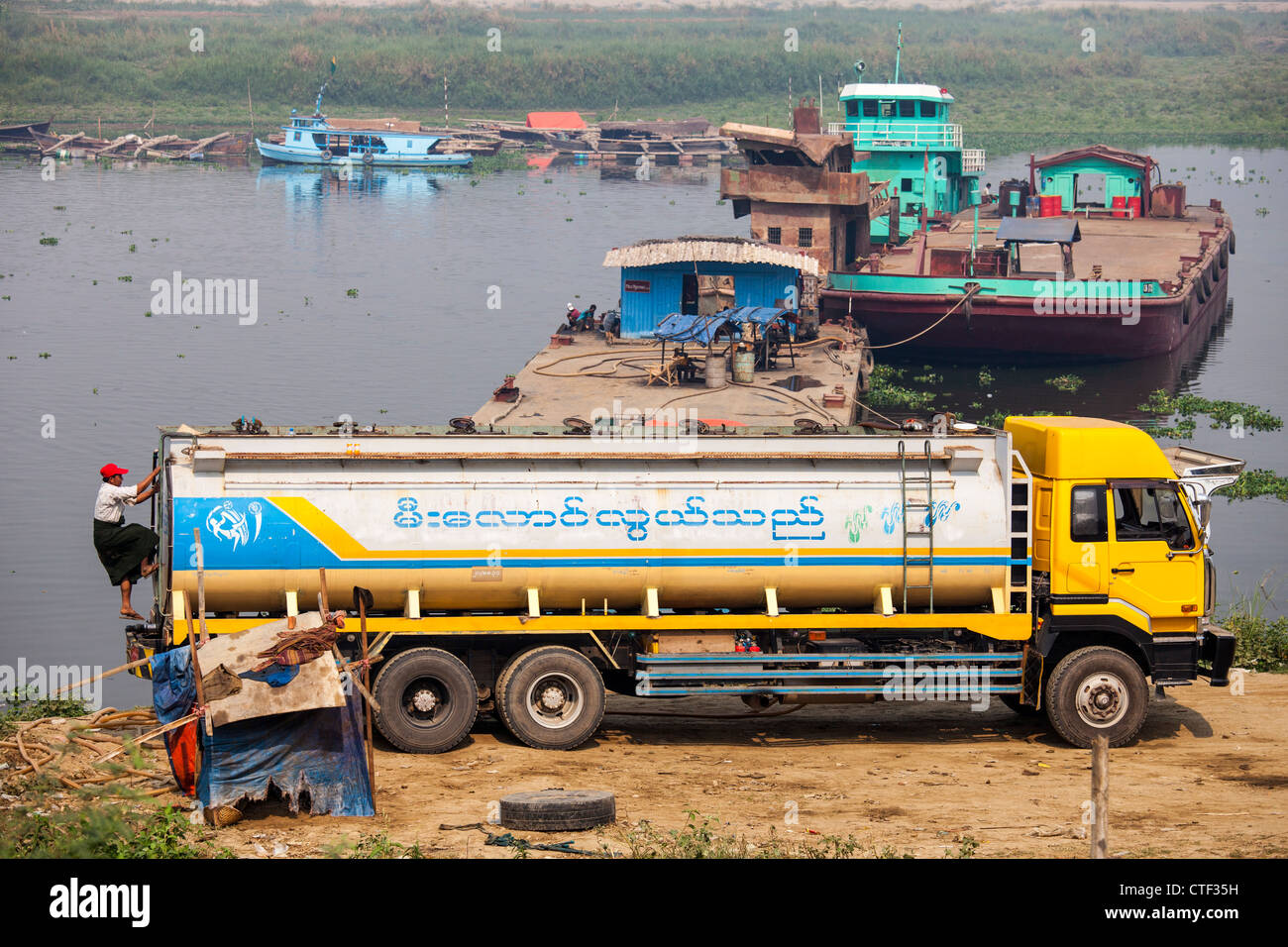 Fuel truck on the Irrawaddy River near Mandalay, Myanmar Stock Photo