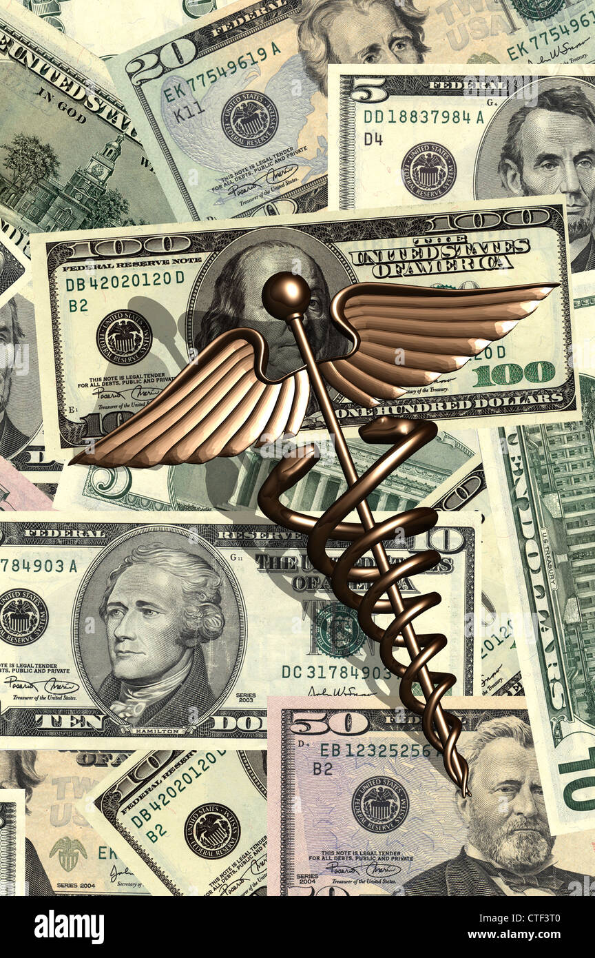 Caduceus and us dollar bills Stock Photo - Alamy