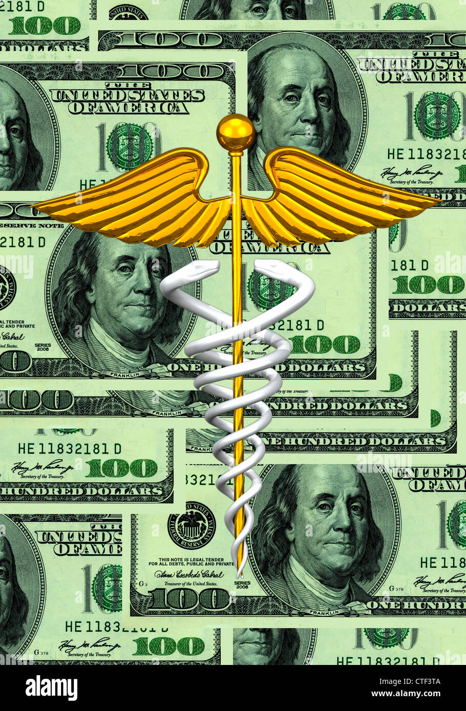 Caduceus and us dollar bills Stock Photo - Alamy