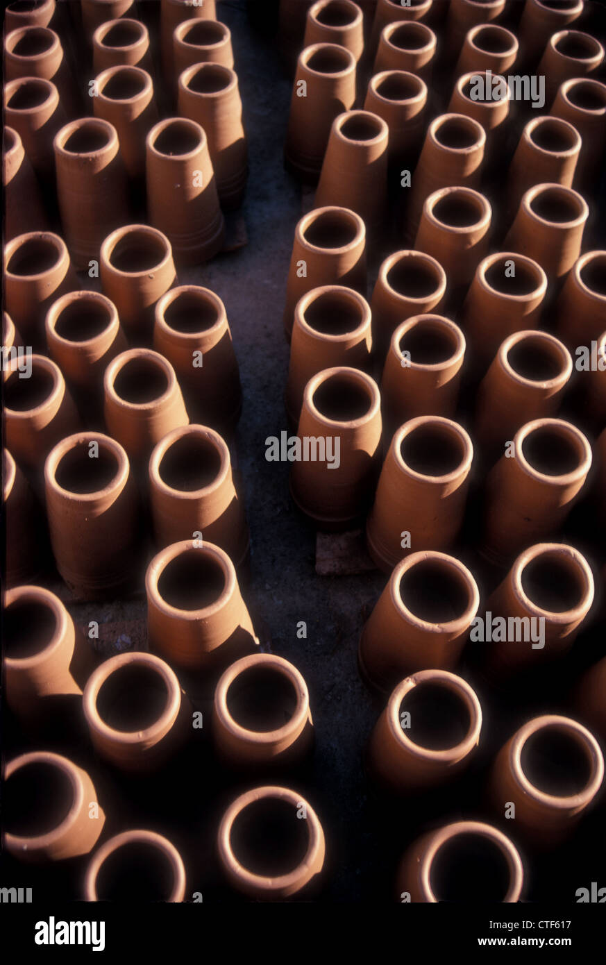 Clay pots ready for firing in a kiln in Safi, Morocco Stock Photo