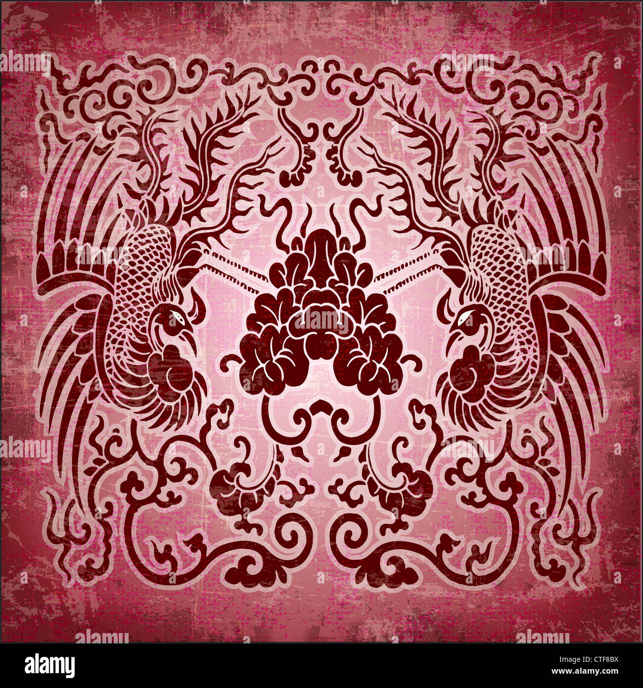 Chinese ornament phoenix on red grunge paper Stock Photo