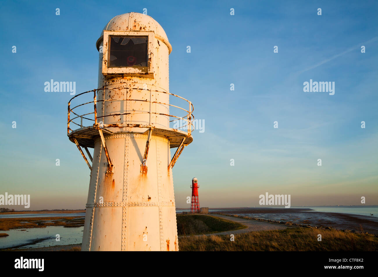Thorngumbald lighthouses near Paull, East Yorkshire. Stock Photo