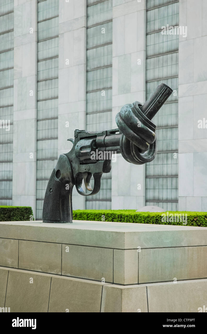 Peace monument in front of UN building in New York City, USA Stock