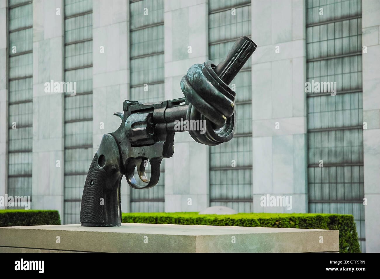 Peace monument in front of UN building in New York City, USA Stock