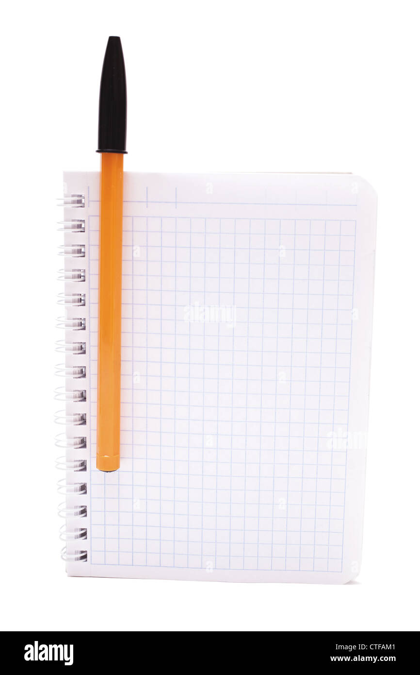 Notebook with ballpoint pen isolated on white background Stock Photo